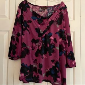 Dana Buchman Dark Floral Watercolor Ruched Neck Tunic Top 2x
